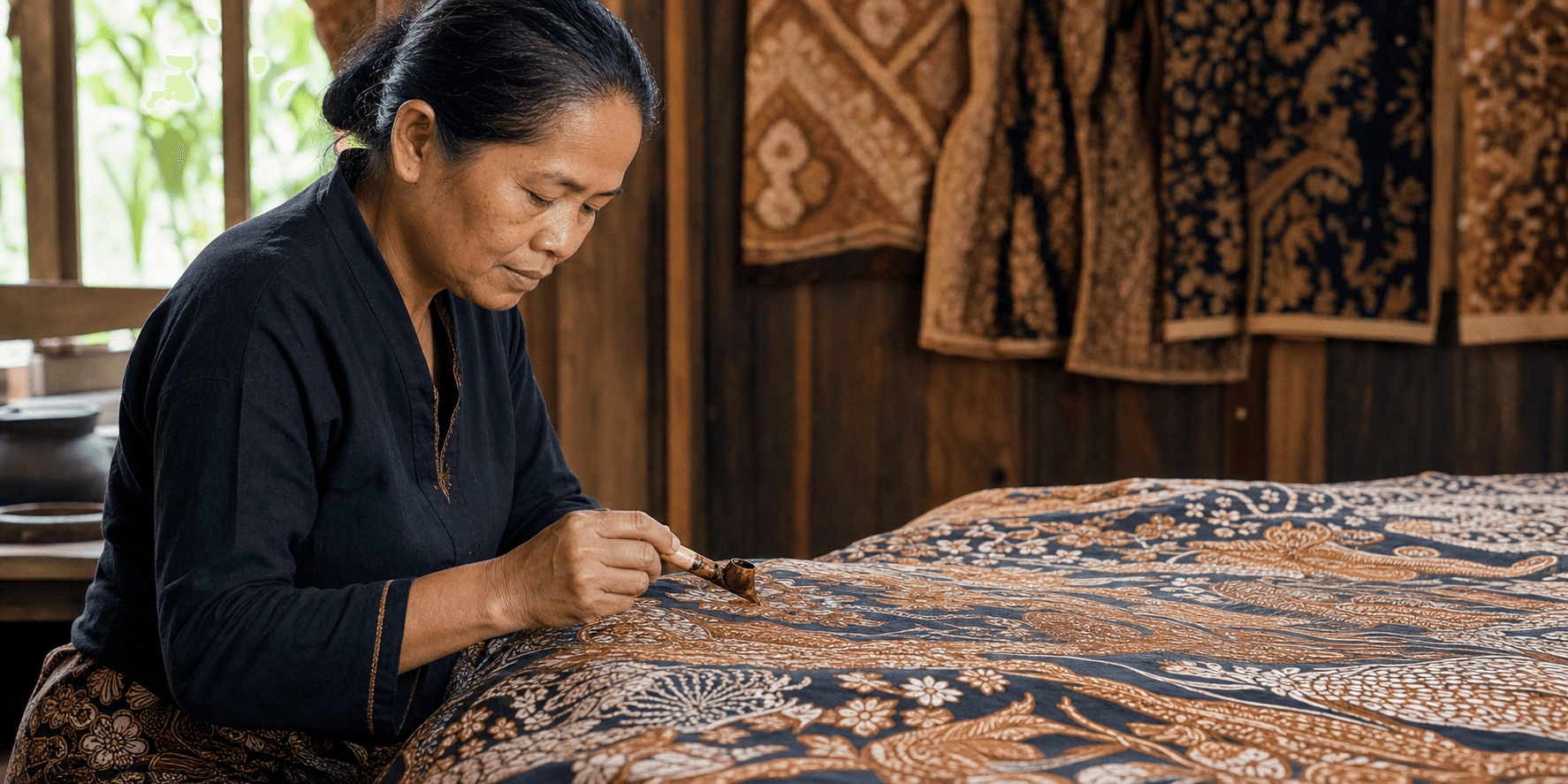 Pengrajin sedang membatik dengan canting